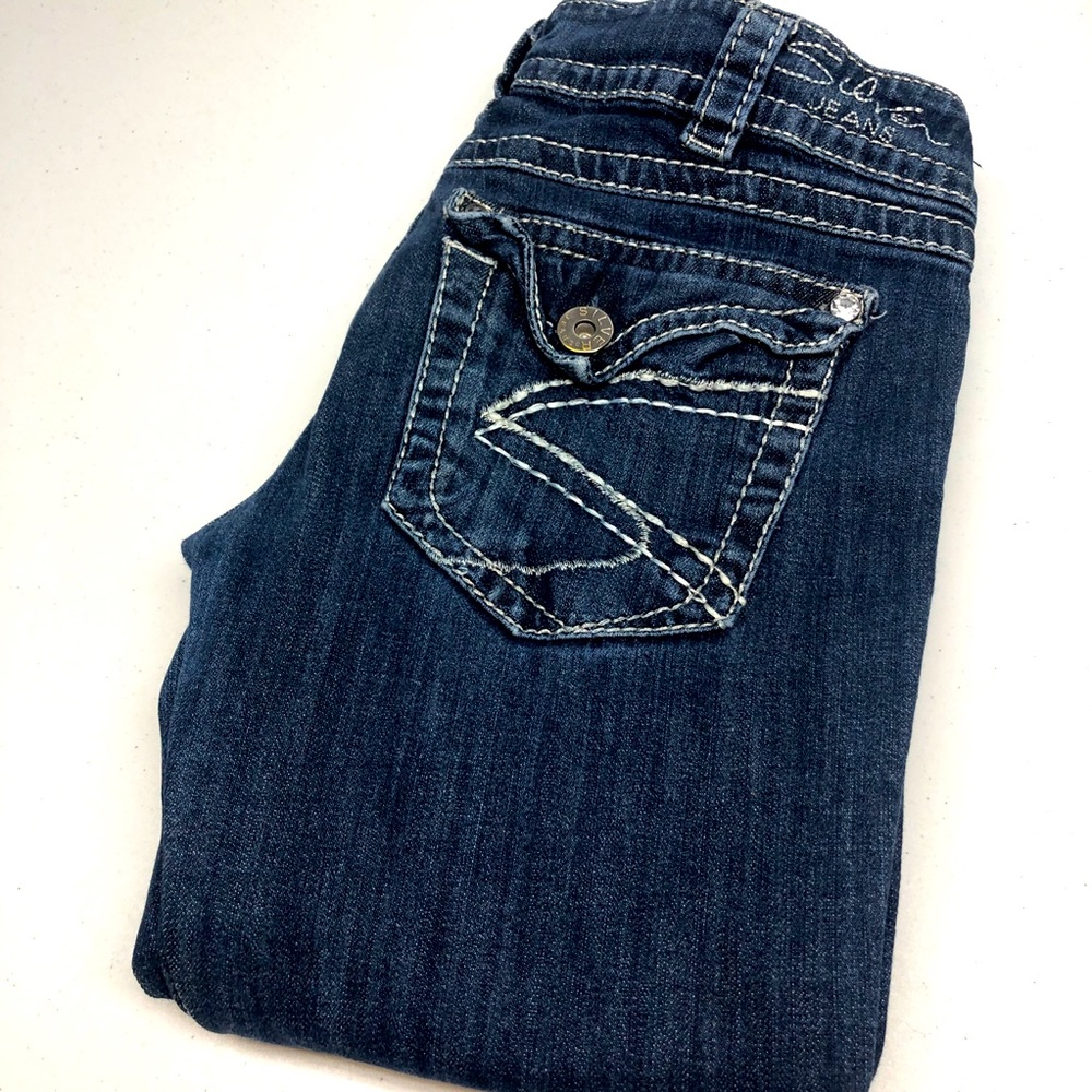 RETRO SILVER MCKENZIE JEANS SLIM BOOTCUT 30x34” CRYSTAL STUDS !! 💎
